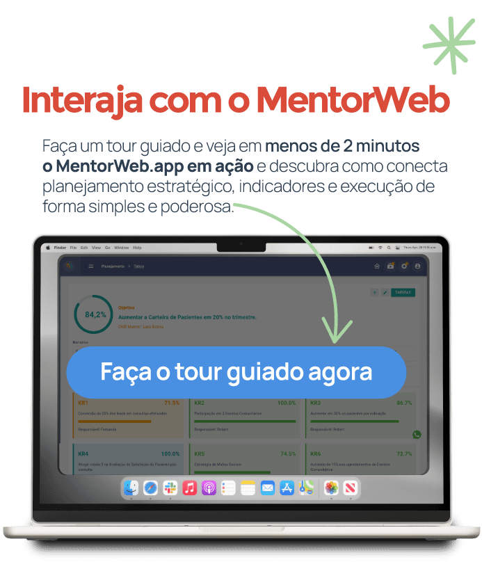 Imagem promocional do MentorWeb.app convidando para um tour guiado, com um dashboard de OKRs visível em um notebook, destacando a chamada “Faça o tour guiado agora” para demonstrar a ferramenta em menos de 2 minutos